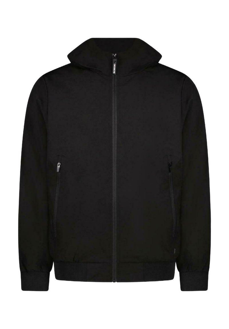 Zwarte zip-up jas met een hoge kraag, voorzien van twee zijzakken en ribbels aan de mouwen en onderkant. Soepele stof met een minimalistisch ontwerp.