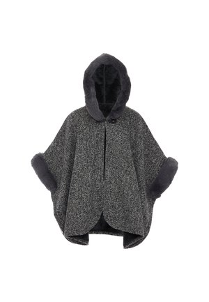 Harmaa teksturoitu poncho, joka on valmistettu villasekoitteesta, varustettu hupulla ja pehmeällä keinoturkistimalla hihoissa, edessä vetoketjukiinnityksellä.
