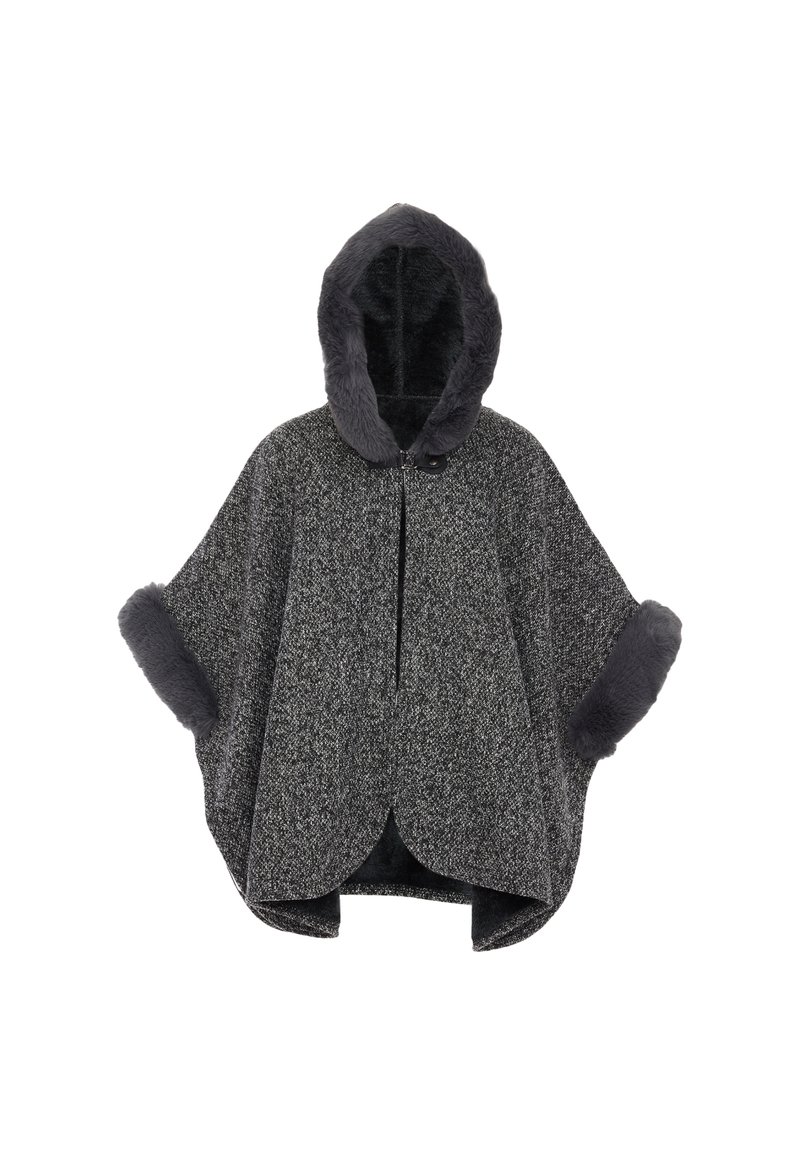 Grijze textuurponcho gemaakt van een wolmix, met een capuchon en zachte faux fur afwerking op de mouwen, met een ritssluiting aan de voorkant.