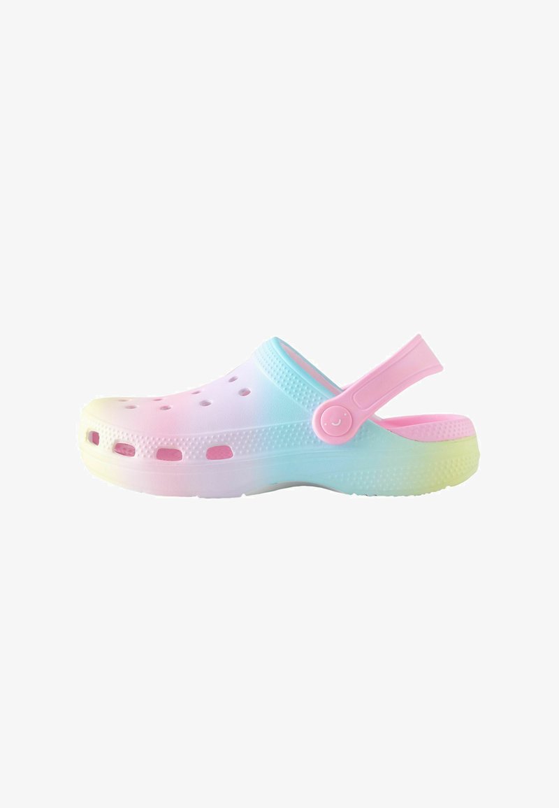 Sabot décontracté à enfiler avec des trous de ventilation, une bride rose réglable, et des couleurs pastel en dégradé mêlant rose, bleu et jaune.