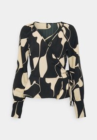 Top avvolgente nero e beige con motivi astratti, maniche lunghe con polsini arricciati e dettaglio con fiocco laterale in vita.