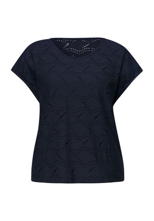 Marineblauwe blouse met korte mouwen van oogletstof met golvend patroon en een ronde halslijn.