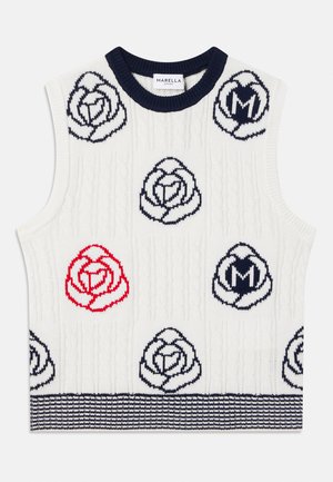 Gilet sans manches en tricot blanc avec des motifs de fleurs bleu marine et rouge, col côtelé bleu marine et ourlet rayé bleu marine, étiquette Marella Sport à l'intérieur du col.