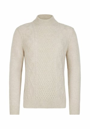 Krämfärgad stickad tröja med hög krage, med ett strukturerat kabelmönster och ribbad mudd och fåll. Mjuk och varm material.