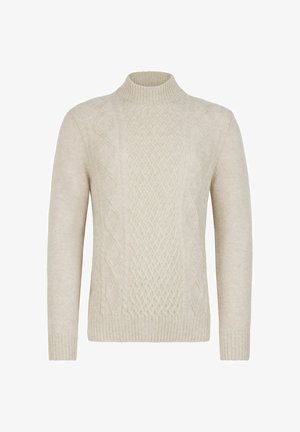 Sweter z dzianiny w kolorze kremowym z wysokim kołnierzem, z fakturowanym wzorem w warkocze oraz ściągaczami na mankietach i dole. Miękki, ciepły materiał.