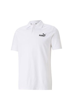 Polo shirt blanc avec une patte de boutonnage, manches courtes, et un logo Puma noir sur la poitrine gauche. Tissu doux, coupe classique.