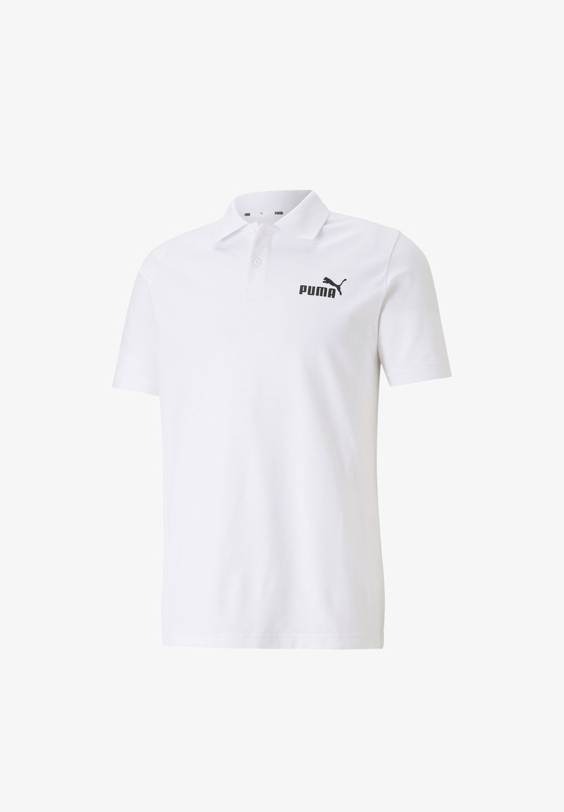 Polo shirt blanc avec une patte de boutonnage, manches courtes, et un logo Puma noir sur la poitrine gauche. Tissu doux, coupe classique.