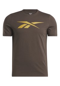 Camiseta de algodón marrón con un gran logo amarillo de Reebok en el pecho. Cuello redondo, mangas cortas y una textura suave.