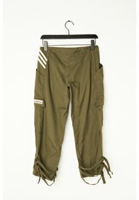 Olive green cargo pants with elastic waistband, side pockets, adjustable ties at the ankles, and three white stripes on the left side.