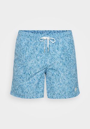 Mėlynos raštuotos maudymosi šortai su tekstūruotu audiniu, elastinga juosta ir balta raišteliu. Maža prekių ženklo etiketė apatiniame šone.