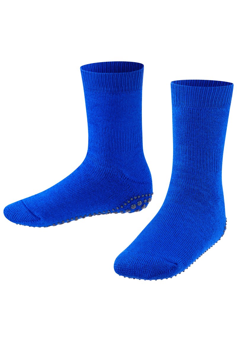 Calcetines de algodón azules con textura acanalada, que presentan puntos de goma en la planta para mayor agarre. Diseño de longitud hasta el tobillo con puntera y talón reforzados.