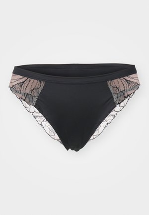 Svart bikinitruse med blonde detaljer i rosa og svart på sidene, med et glatt stoff og lavt liv.