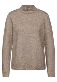 Pull en tricot beige avec un col montant, des poignets et un ourlet côtelés. Fabriqué dans un matériau doux, présentant un motif texturé sur l'ensemble.