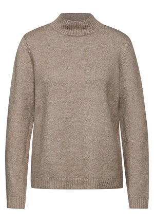 Suéter de punto beige con cuello alto, puños y dobladillo acanalados. Fabricado con material suave, presenta un patrón texturizado en toda su superficie.