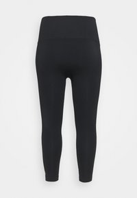 Leggings neri con vita alta, texture liscia e design aderente, che arrivano a metà polpaccio senza motivi visibili o elementi metallici.