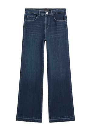 Dark blue wide-leg jeans made from denim. Features a button closure, front pockets, and a straight cut with raw hems.
