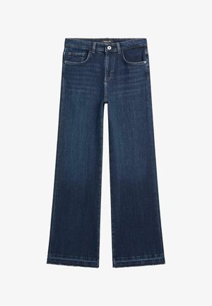 Mørkeblå vidde jeans lavet af denim. Har en knaplukning, forlommer og en lige pasform med rå kanter.