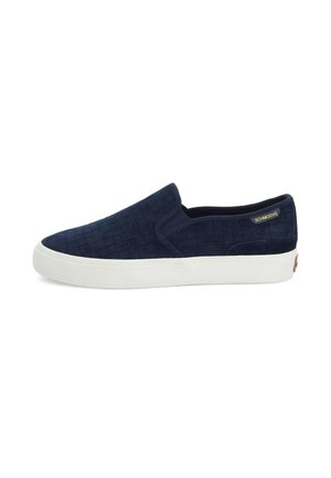 Navy slip-on shoes with a textured woven pattern, featuring a white rubber sole and a small gold label on the side.
