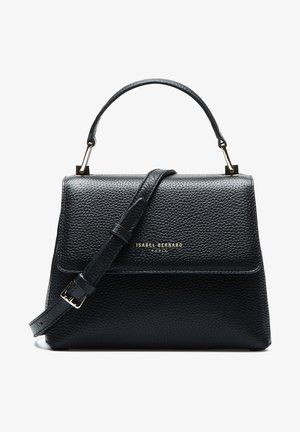 Sac à main en cuir noir avec une finition texturée, une forme structurée, une poignée supérieure et une bandoulière réglable. Dispose d'un accent logo doré à l'avant.