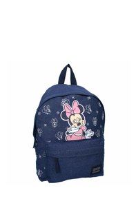 Mørkeblå rygsæk med en glat stofstruktur, der har et stort Minnie Mouse grafik og hvide blomsterdesigns foran.