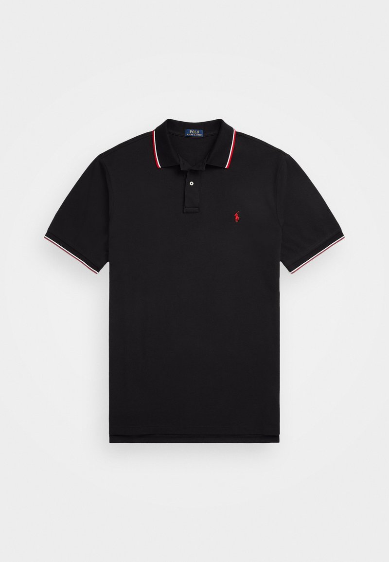 Black polo shirt with short sleeves, collar, and two-button placket. Features red and white striped trim on the collar and sleeves.