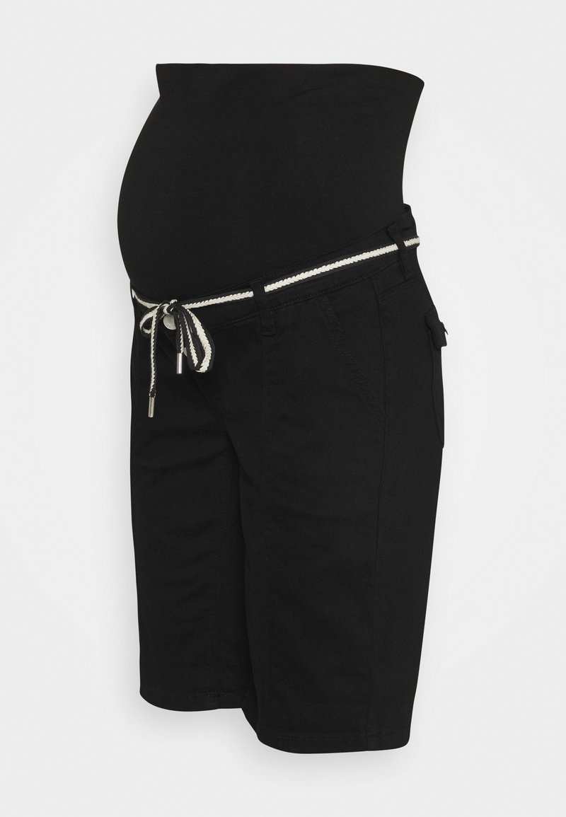 Calças de maternidade pretas com uma cintura elástica, apresentando um cordão de ajuste em branco e acabamentos em prata, além de bolsos laterais.