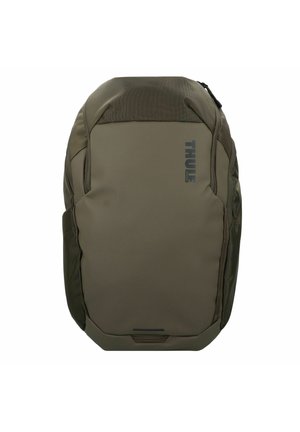 Olive green Thule backpack with a rounded top, multiple compartments, and Thule logo printed vertically on the front.