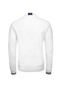 White long-sleeve sweatshirt with ribbed cuffs and waistband. Features a green and navy striped accent at the back of the collar.