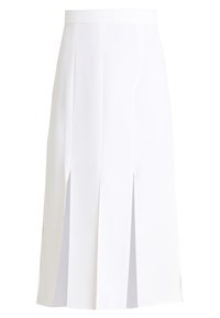 Jupe midi blanche avec une taille plate, deux fentes avant et une texture de tissu lisse. Design simple et minimaliste.