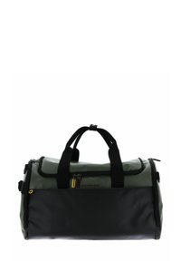 Sac de sport vert et noir en matériau durable. Dispose de deux poignées supérieures, d'une poche zippée, d'un accent de fermeture éclair jaune et d'une forme arrondie.