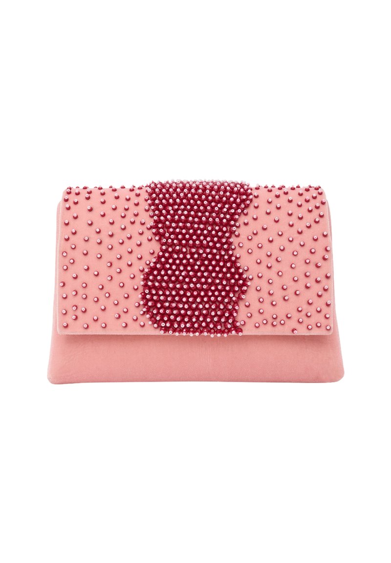 Rosa sammetspåse med en platt design, som har en samling av små pärlor i varierande nyanser av rosa som bildar ett centralt dekorativt mönster.