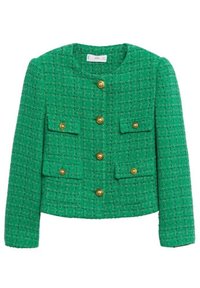 Vihreä tweed-takki, jossa on tekstuuri, pyöreä kaula-aukko ja neljä läppätaskua. Varustettuna kultasävyisillä nappeilla ja lyhyemmällä siluetilla.