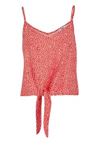 Rode bloemen tanktop met dunne bandjes, een V-hals en een voorbinddetail. Gemaakt van een lichtgewicht stof met kleine witte bloempatronen.