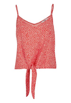 Débardeur floral rouge avec de fines bretelles, un décolleté en V et un détail de nœud sur le devant. Fabriqué en tissu léger avec de petits motifs de fleurs blanches.