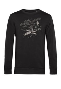 Black long-sleeve sweatshirt featuring a graphic print of a starfighter and the text "STAR WARS." Soft texture and ribbed cuffs.