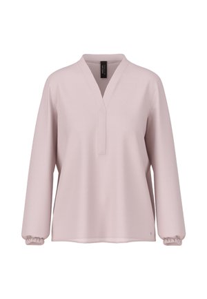 Pull light rose à col en V, à manches longues avec des poignets élastiques et un ourlet droit. Fabriqué en tissu doux avec une texture lisse.