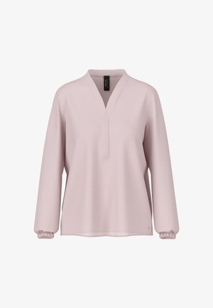 Lichtroze pullover met een V-hals, lange mouwen met elastische manchetten en een rechte zoom. Gemaakt van een zachte stof met een gladde textuur.