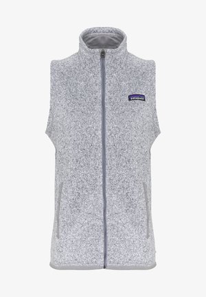 Grauwe Strickweste mit Reißverschluss, hohem Kragen und seitlichen Taschen. Sie besitzt eine weiche Textur und ein Patagonia-Logo auf der linken Brust.