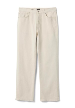 Lichtbeige jeans met rechte pijpen, voor- en achterzakken, riemlussen en een knoopsluiting in de tailleband.