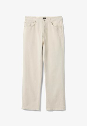 Hellbeige Jeans mit geradem Bein, vorne und hinten mit Taschen, Gürtelschlaufen und einem Knopfverschluss am Bund.