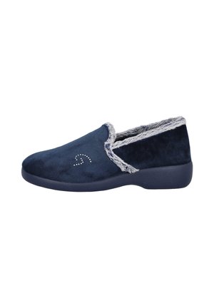 Zapatilla deslizante de color azul marino con borde de piel sintética gris y pequeño detalle de remolino de rhinestones en el lateral, diseñada para la comodidad en interiores.