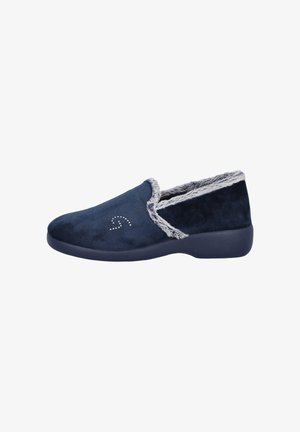 Zapatilla deslizante de color azul marino con borde de piel sintética gris y pequeño detalle de remolino de rhinestones en el lateral, diseñada para la comodidad en interiores.