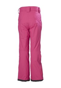 Růžové lyžařské kalhoty s přímým střihem, elastickým pasem s nastavitelnými pásky a černými manžetami. Hladká, voděodolná látka.