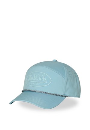 Casquette de baseball Von Dutch bleu clair avec panneaux latéraux perforés, visière incurvée et un cordon décoratif noir et blanc sur le devant.