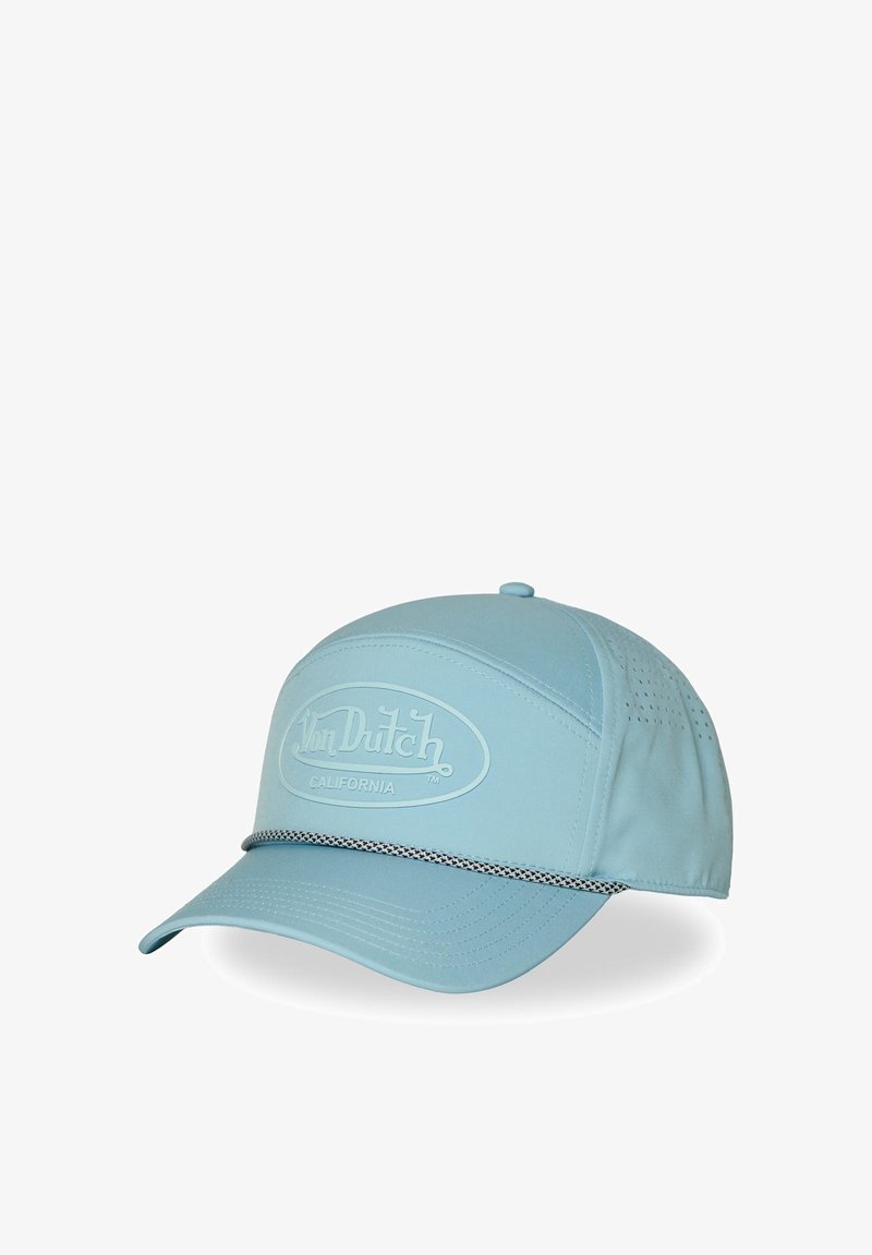 Casquette de baseball Von Dutch bleu clair avec panneaux latéraux perforés, visière incurvée et un cordon décoratif noir et blanc sur le devant.