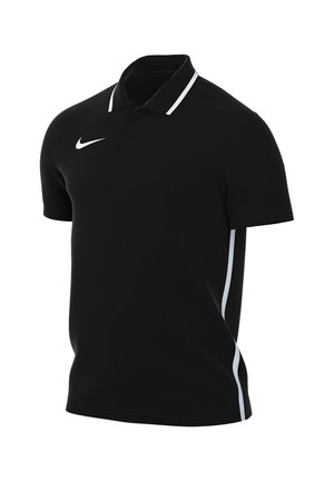 Black Nike polo shirt with white collar trim, white side stripes, and short sleeves, shown on a plain white background.