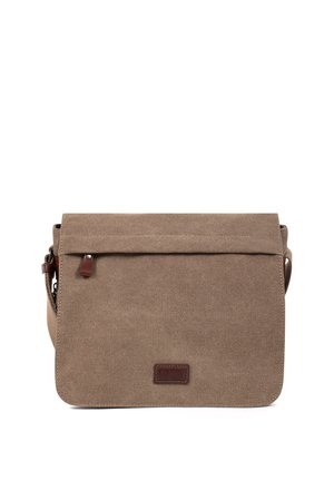 Sac messager en toile marron avec fermeture à rabat, tirette de fermeture éclair en cuir et bandoulière ajustable.