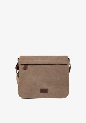 Sac messager en toile marron avec fermeture à rabat, tirette de fermeture éclair en cuir et bandoulière ajustable.