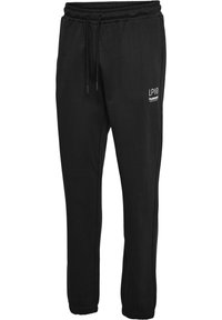 Sorte sweatpants med elastisk talje og snøre, tapered ben og trykte logo-detaljer på låret. Blødt bomuldsstof.