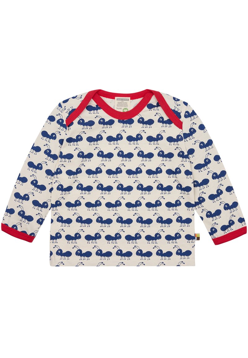 Lange mouwen shirt in crèmekleurige katoen met rode kraag en manchetten; heeft een herhaald blauw mierenpatroon over de stof.